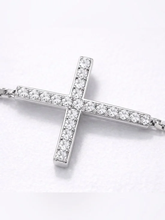NWOT BS925 Sterling Silver Rhodium CZ Pavé Sideways Cross Adjustable Bolo Bracel - Picture 3 of 8